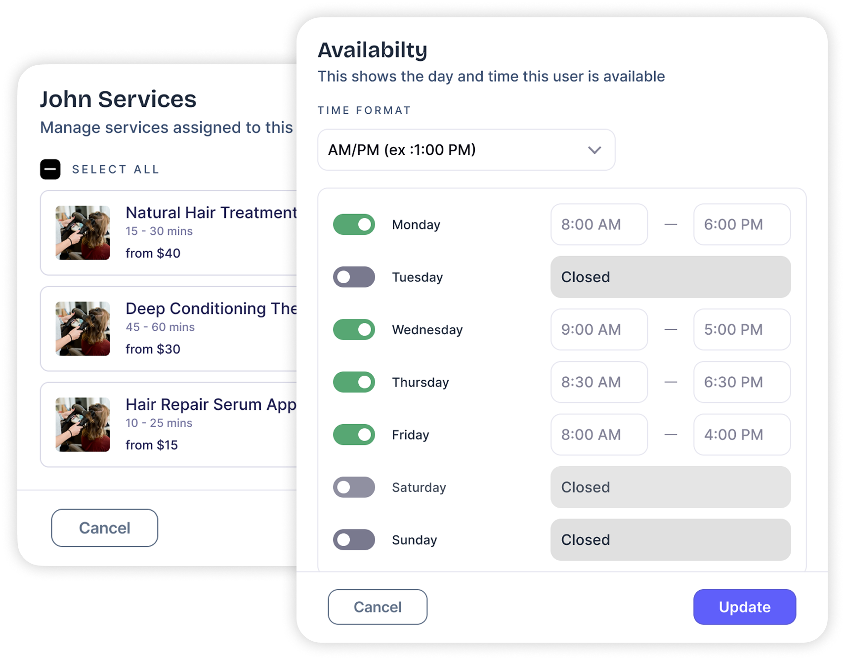 Set hours and services